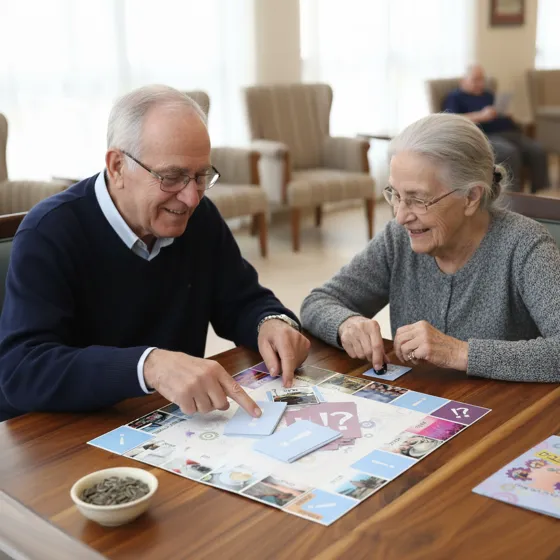 קשישים משחקים ביחד בגלגלים מסתובבים | Elderly playing cognitive stimulation board game