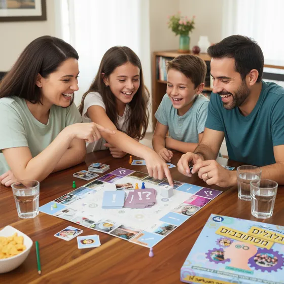 משפחה משחקת בגלגלים מסתובבים | Family playing Hebrew language board game